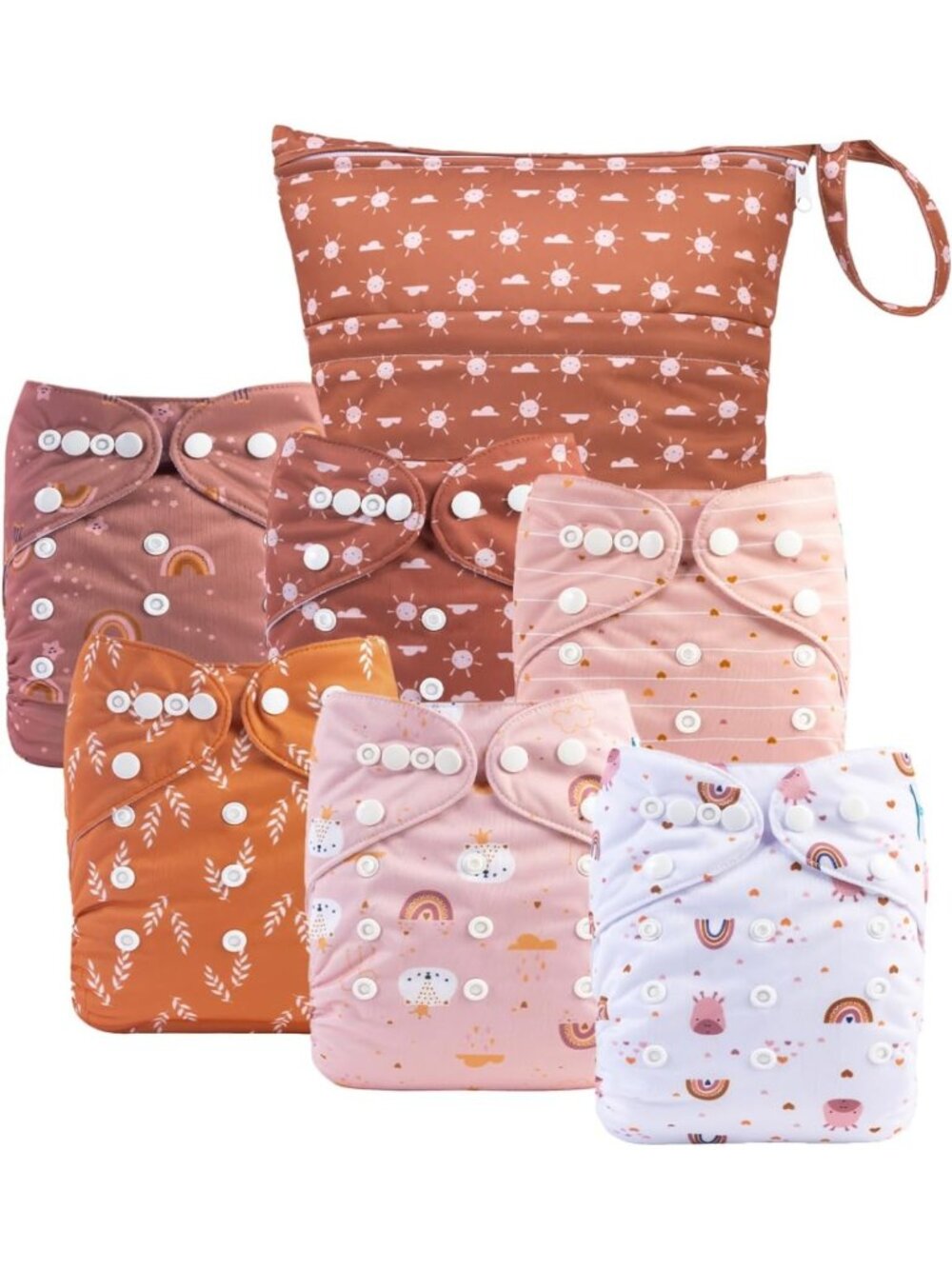 Reusable Cloth Diaper Covers 6 Pack with Wet Bag, Adjustable, Double Gussets for